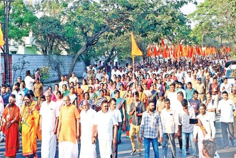 Members of various Hindu organisations take out a rally in Coimbatore, March 2020. (File photo)
