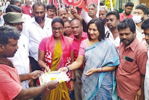 Rohini campaigning for CPM candidate at ward 83 of GCC on Tuesday