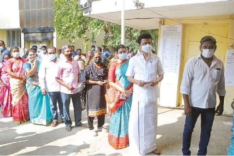 TN CM MK Stalin, wife Durga stand in queue to cast vote