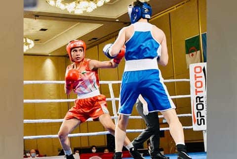 Boxer Nikhat Zareen (In red) in action (Image Credit: ANI)