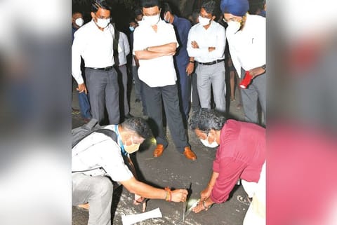 CM Stalin during a surprise visit to check the quality of newly laid road.