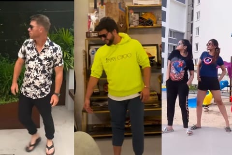 David Warner, Suresh Raina and Yashika Anand grooving to Srivalli song (Screengrab)