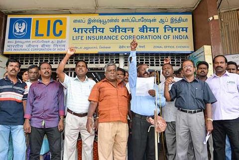 Customers stage a demonstration in front of the LIC head office in Chennai (Photo: Justin George)