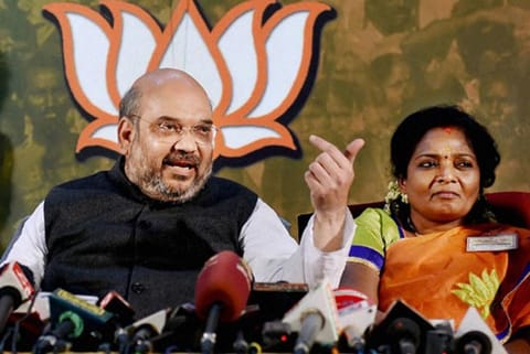 A file photo of State BJP leader Tamilisai Soundararajan with party?s national president Amit Shah