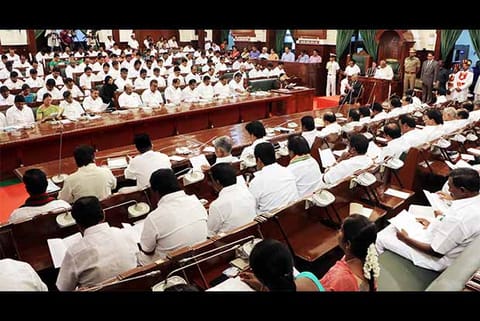 CM J Jayalalithaa addressing the ongoing Assembly (Insert: File photo of the 1991 TN Assembly)