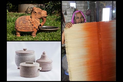 Terracotta animal sculpture; Jeenat, an artisan shows a new mat she created; eco-friendly stoneware