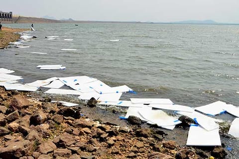 The thermocol floating on the Vaigai dam