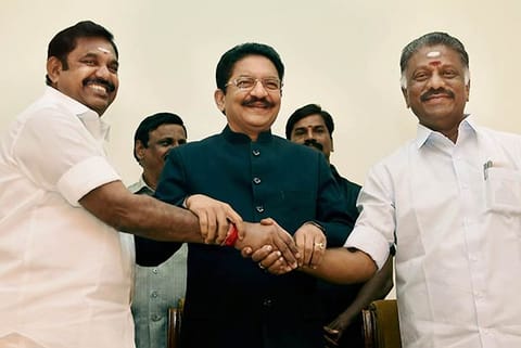 TN CM Edappadi K Palaniswami with O Panneerselvam after he was sworn-in as Deputy CM