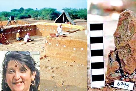 View of the prehistoric site where excavations have been going on (R) Tool , Inset: Shanti Pappu