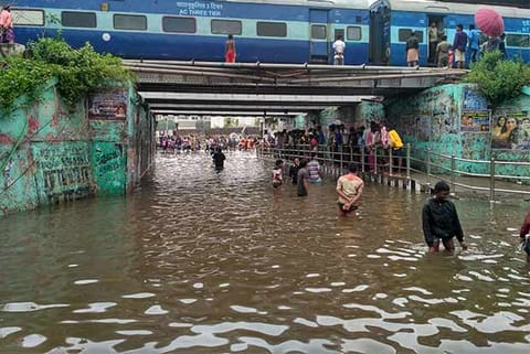 Young men and children sported in the flooded subway