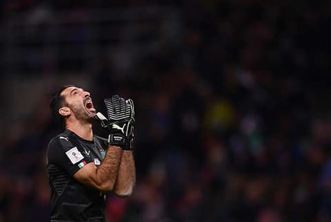 Italy's goalkeeper Gianluigi Buffon reacts during the FIFA World Cup 2018 qualification match