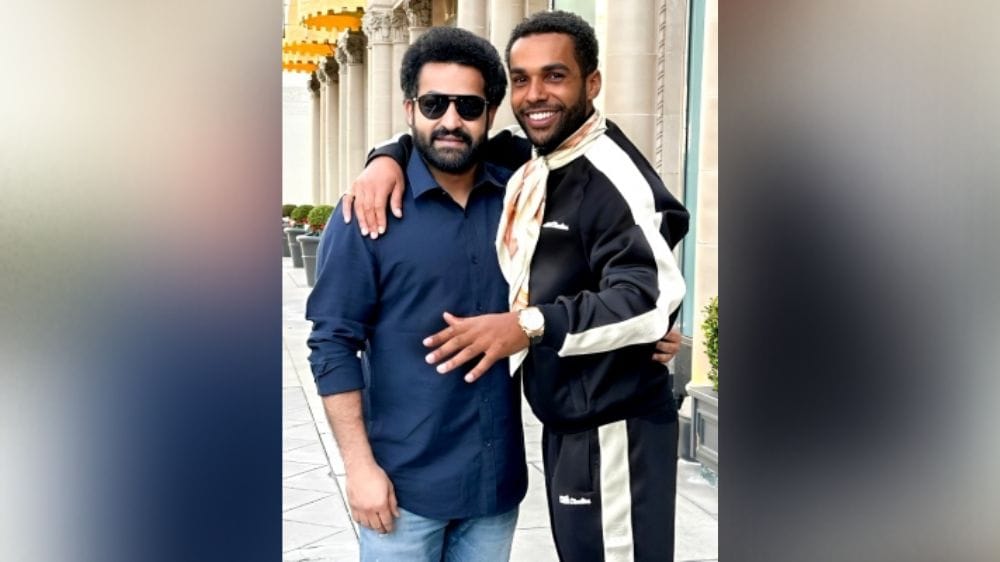 Lucien Laviscount poses for a picture with NTR Jr in LA