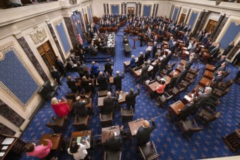 A scene at the US Senate. US Senate Minority Leader Chuck Schumer (D-New York) has said Democrats plan to force similar votes regularly, turning the question of war authorization into a recurring issue on the Senate agenda.

