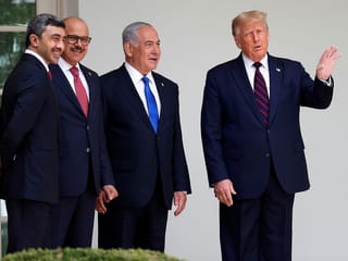 US President Donald Trump talks with Sheikh Abdullah Bin Zayed Al Nahyan, UAE Minister of Foreign Affairs and International Cooperation, Bahrain's Foreign Minister Abdullatif Al Zayani and Israel's Prime Minister Benjamin Netanyahu as they stand together on the West Wing colonnade before the signing of the Abraham Accords, normalising relations between Israel and some of its Middle East neighbors, in a strategic realignment of Middle Eastern countries against Iran, on the South Lawn of the White House in Washington, US. File photo.