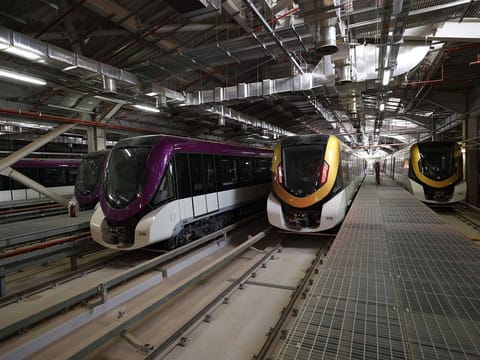 Trains are seen parked at a parking station during a tour of the Riyadh Metro in the Saudi capital.