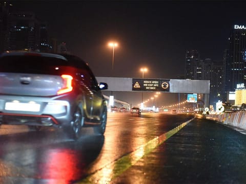 Drivers advised to stay alert as rain and strong winds reduce visibility.