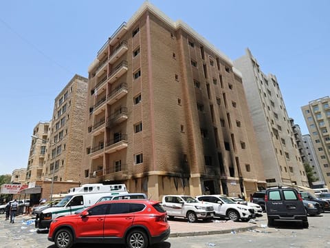 A building damaged following a deadly fire, in Mangaf, southern Kuwait, June 12, 2024. 