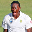 South Africa's Kagiso Rabada celebrates after taking the wicket of Australia’s Usman Khawaja.