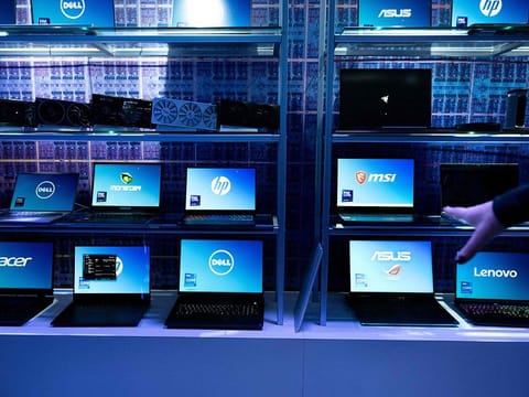 Laptop computers on display. 