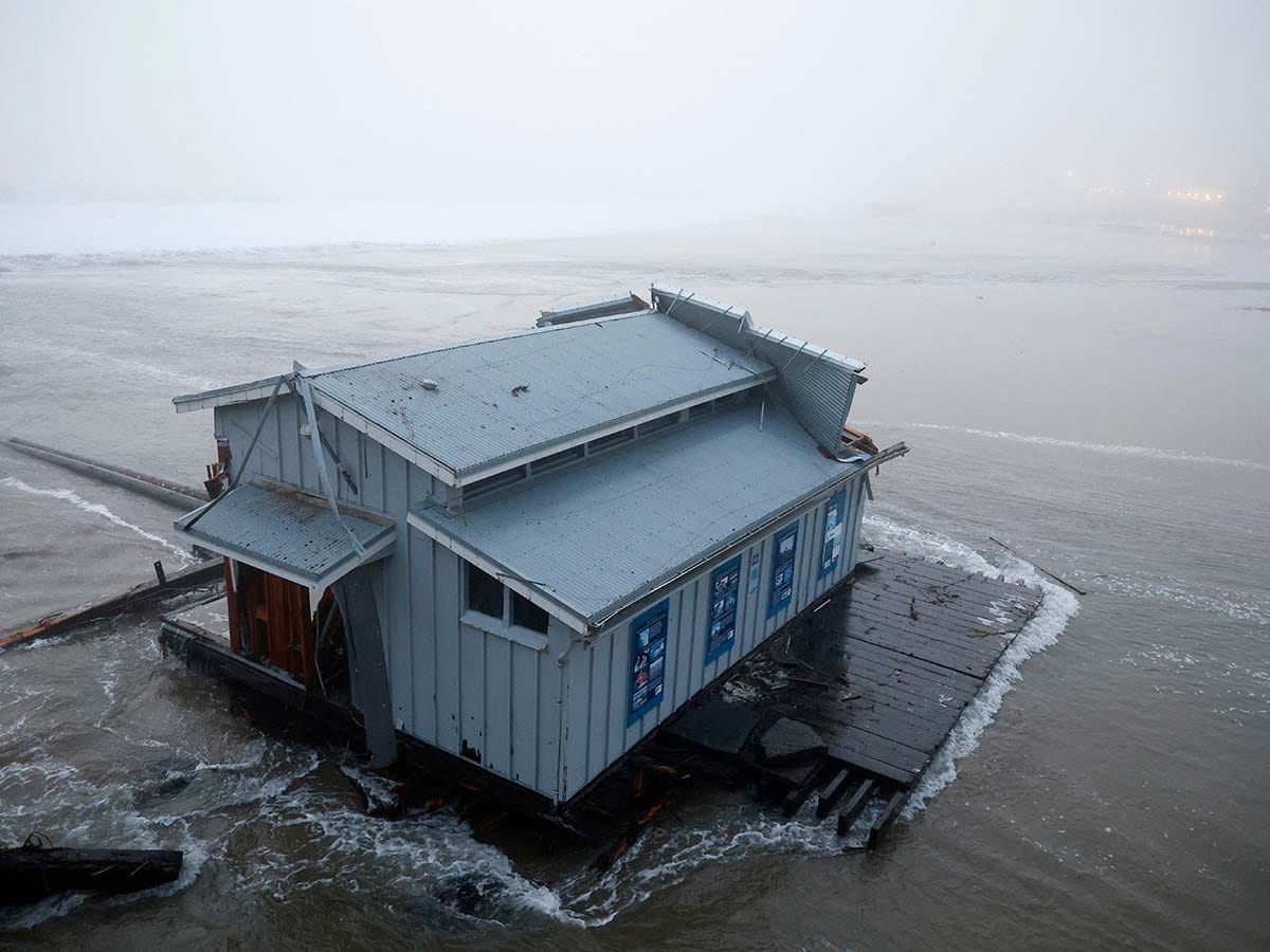 A view of the collapsed pier at the Santa Cruz Wharf, California, on December 23, 2024. Videos posted on social media showed part of the pier adrift in the water as waves lashed the coastline.
