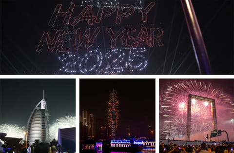 A combination photo showing fireworks in UAE on December 31, 2024, held to usher in New Year 2025 