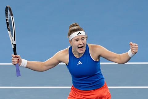 Karolina Muchova of the Czech Republic celebrates after defeating Italys Jasmine Paolini in their womens singles quarter-finals of the United Cup in Sydney on Friday.