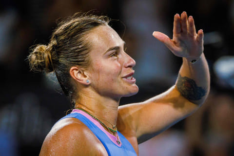 Belarus' Aryna Sabalenka celebrates after winning her women's singles quarter-final against Czech Republic's Marie Bouzkova at the Brisbane International on Friday.