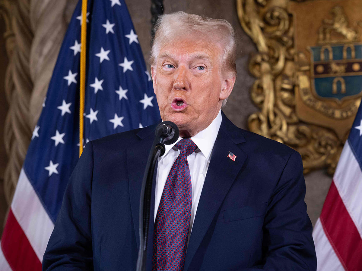 US President-elect Donald Trump speaks to members of the media during a press conference at the Mar-a-Lago Club on January 07, 2025 in Palm Beach, Florida.   