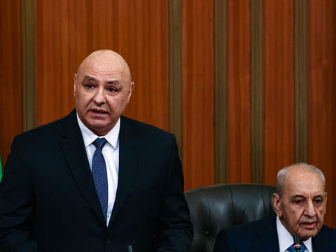Newly-elected Lebanese president Joseph Aoun (left) addresses parliament on January 9, 2025. Beside him is parliament speaker Nabih Berri.