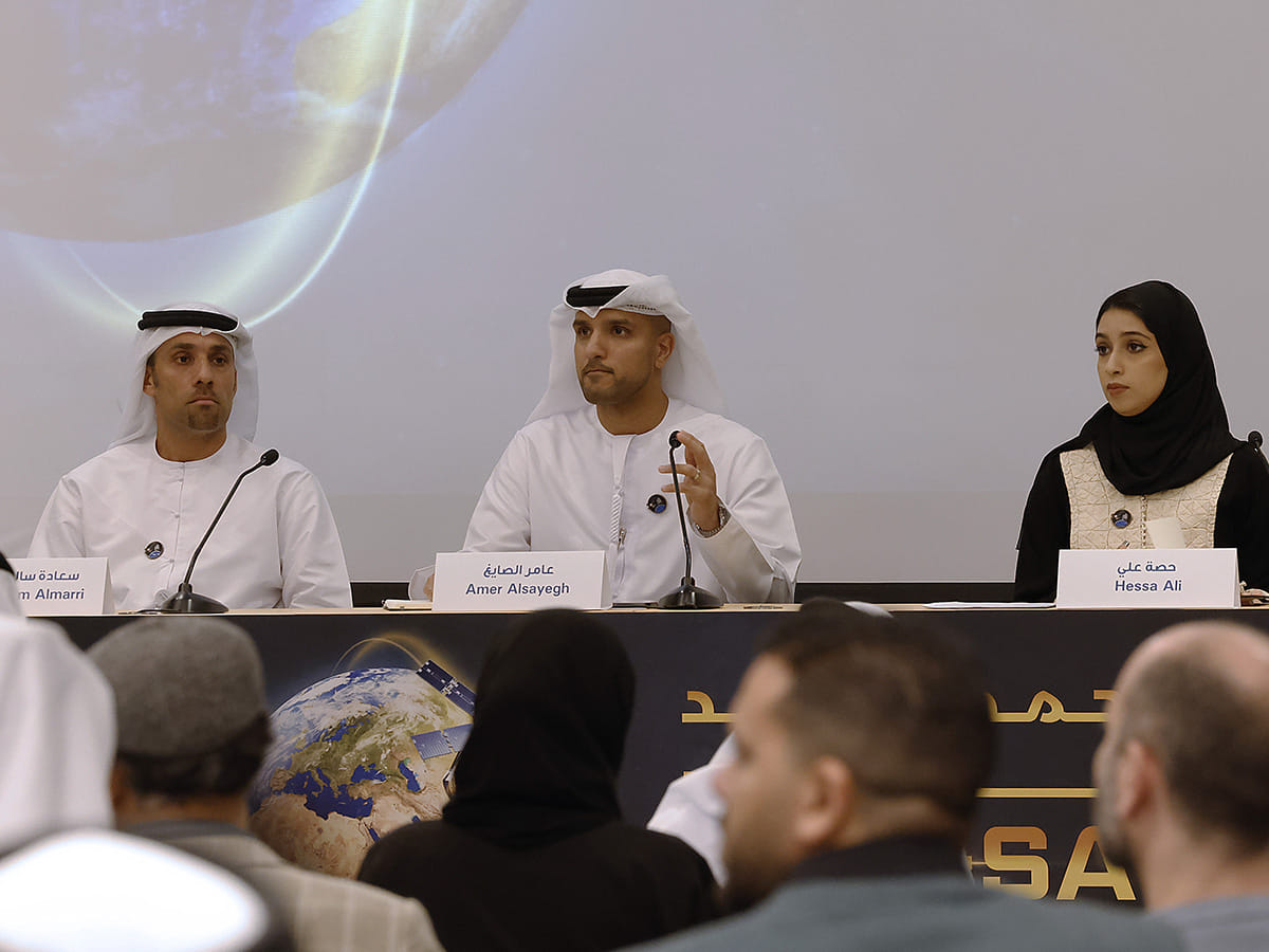 (from left) Salem Humaid AlMarri, Director-General, MBRSC; Amer AlSayegh AlGhaferi, Project Manager of MBZ-SAT; Hessa Ali Hussain, Deputy Project Manager of MBZ-SAT, during Thursday's media briefing in Dubai