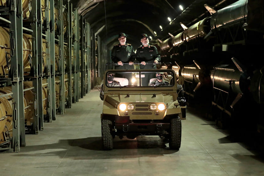 Hossein Salami (left), head of Iran's Revolutionary Guards and Amir Ali Hajizadeh, head of the Guard's airforce, touring an underground missile base in an undisclosed location in Iran. 