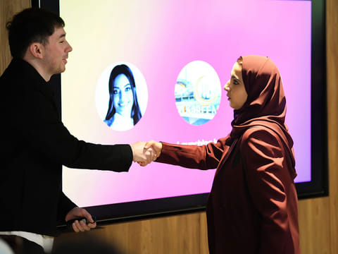 Alia AlHammadi, Vice Chairperson of the UAE Government Media Office and CEO of the 1 Billion Followers Summit, and Moon Baz, Global Partnerships Lead for Africa, Middle East and Turkey at Meta, in Dubai on Sunday