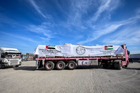 A convoy of trucks with flour and bakery supplies was delivered to Gaza to help bakeries restart.