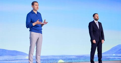 From left: Alexander Vedyakhin, member of the Sberbank Executive Board, and Maxim Oreshkin, Deputy Chief of Staff of the Presidential Executive Office, Russia address guests at The AI Journey 2024 in Moscow