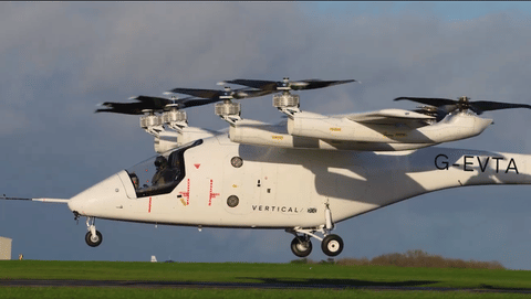 A piloted test flight of UK-based Vertical Aerospace electric vertical takeoff and landing (eVTOL) aircraft, known as VX4, which has clocked up 1,500 pre-orders from airlines and leasing companies.