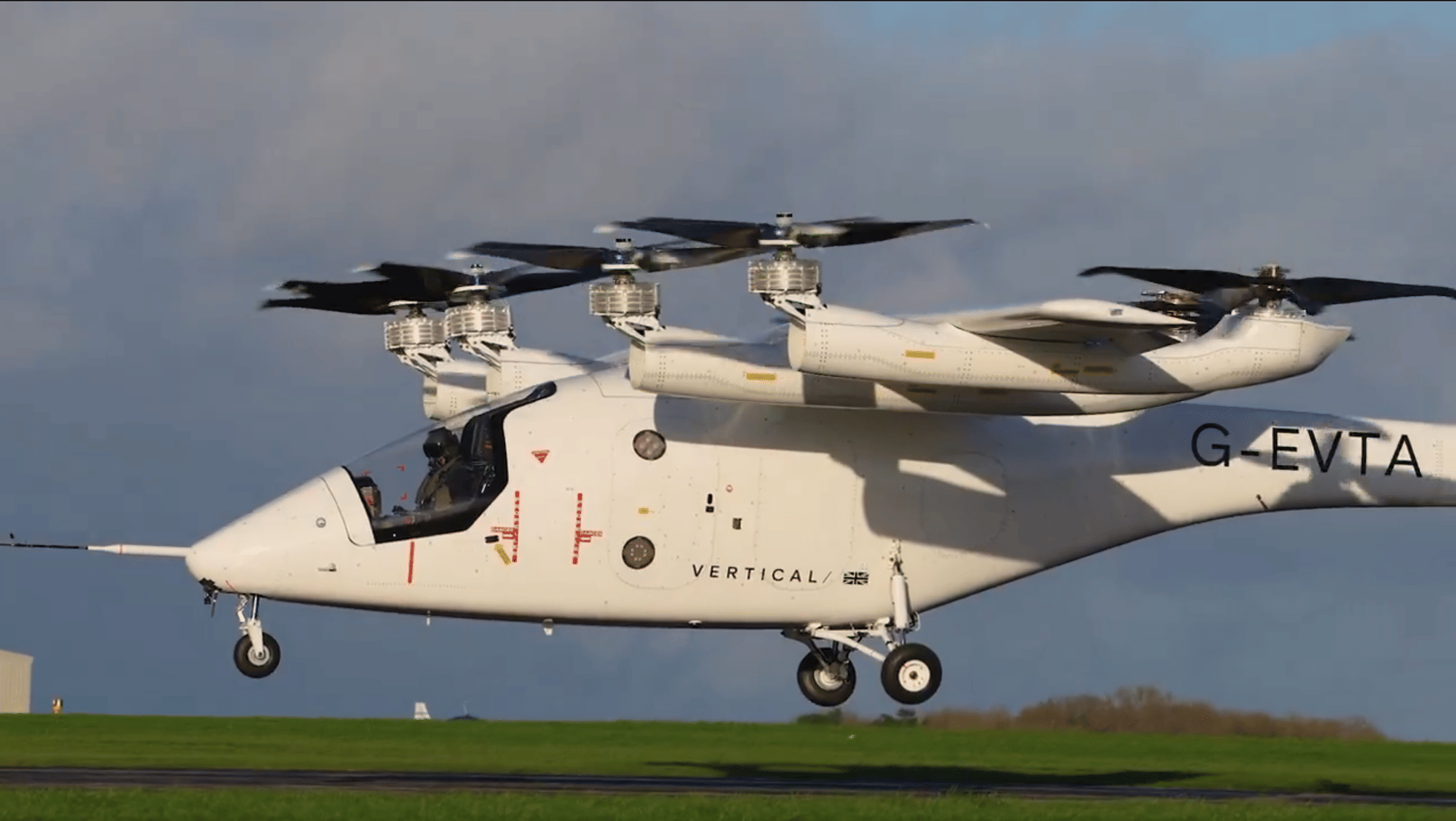 A piloted test flight of UK-based Vertical Aerospace electric vertical takeoff and landing (eVTOL) aircraft, known as VX4, which has clocked up 1,500 pre-orders from airlines and leasing companies.