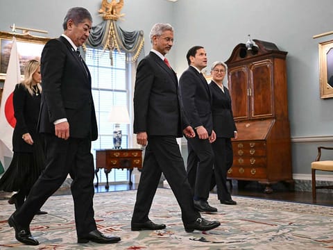 US Secretary of State Marco Rubio (2R) walks with Indo-Pacific Quad ministers, L-R, Japanese Foreign Minister Iwaya Takeshi, Indian Foreign Minister Subrahmanyam Jaishankar and Australian Foreign Minister Penny Wong, as they depart a photo opportunity before meetings at the State Department in Washington, DC, on January 21, 2025. (