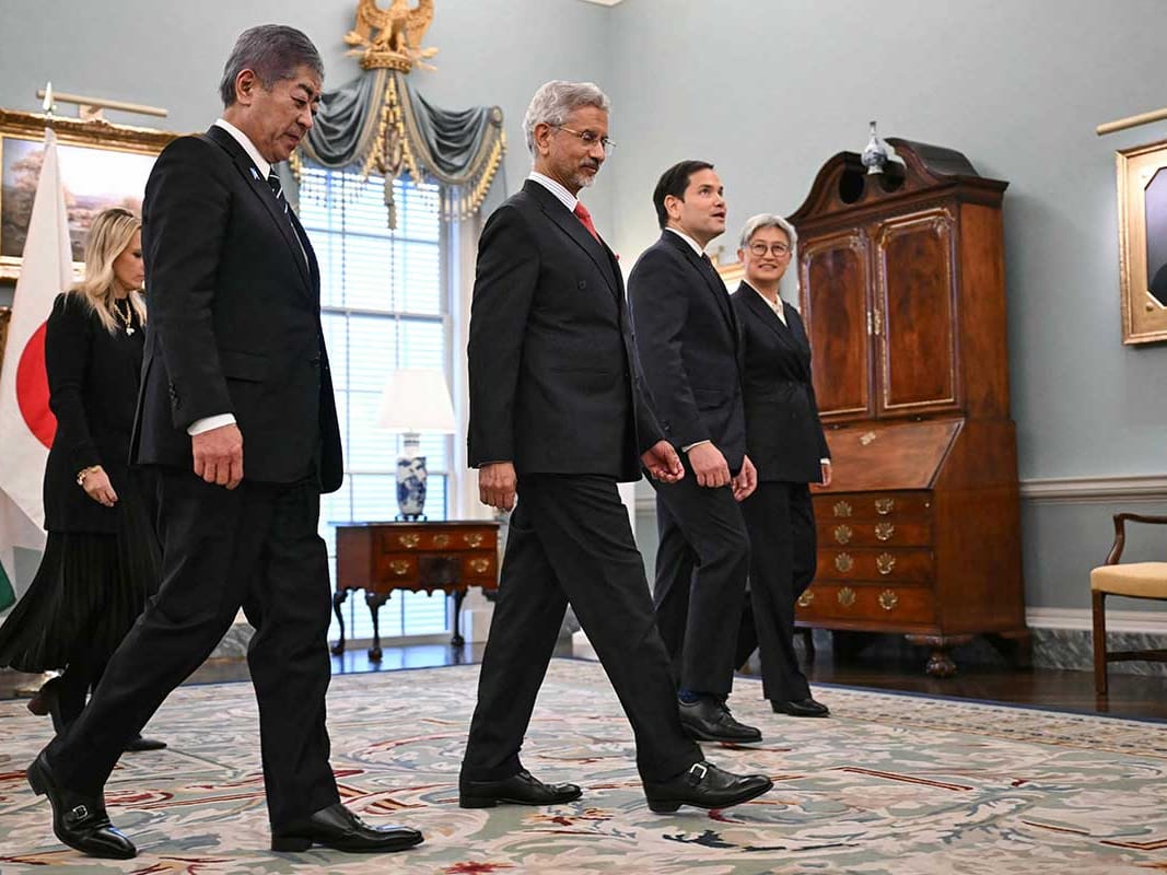 US Secretary of State Marco Rubio (2R) walks with Indo-Pacific Quad ministers, L-R, Japanese Foreign Minister Iwaya Takeshi, Indian Foreign Minister Subrahmanyam Jaishankar and Australian Foreign Minister Penny Wong, as they depart a photo opportunity before meetings at the State Department in Washington, DC, on January 21, 2025. (