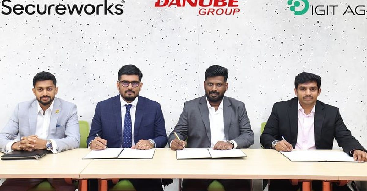 From left: Laxmi Chander Srinivasan, Territory Manager UAE, Secureworks; Gopan Sivasankaran, General Manager META, Secureworks; Divin Santhajan, Head of Information Security, Danube Group; and Sathish Kumar, VP Sales – MEA, Digit AG at the signing ceremony