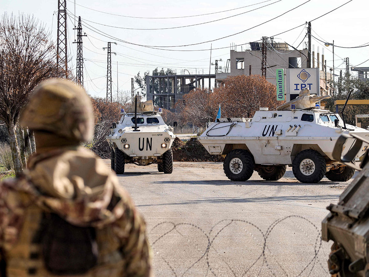 Armoured vehicles of the United Nations Interim Force in Lebanon (UNIFIL) approach a Lebanese army roadblock near a checkpoint in the village of Burj El Meluk in Nabatiyeh in southern Lebanon near the border with Israel.