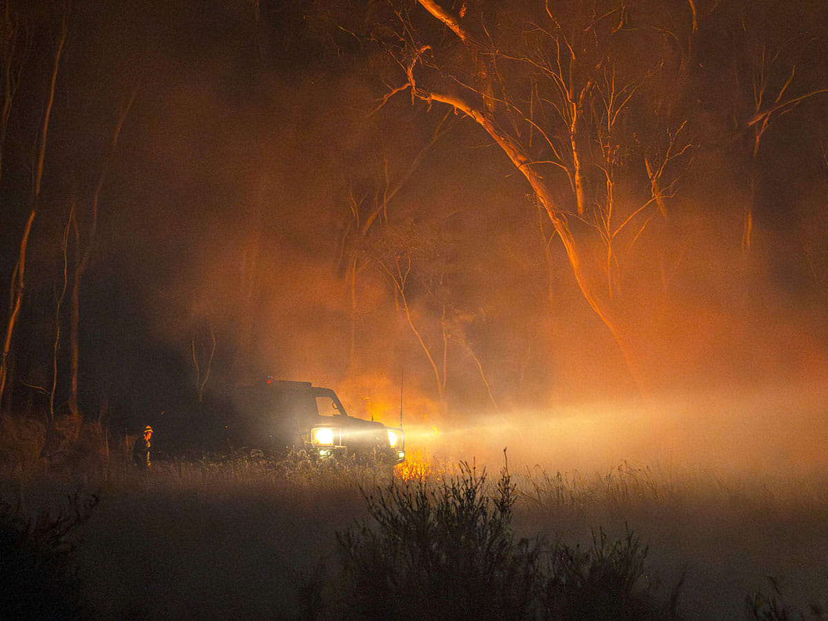 A fire truck arriving to battle bushfires in Little Desert National Park in the Australian state of Victoria.