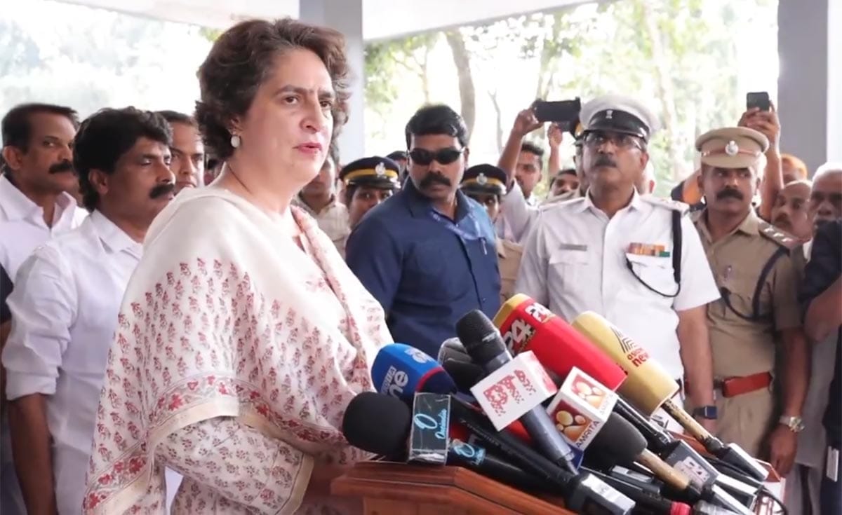 Priyanka Gandhi addresses the media after visiting the home of Kerala tiger attack victim
