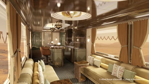 Deemed the first five-star luxury rail service in the Middle East, designs of the train's interior are inspired by the desert landscape and traditional Saudi architecture. 