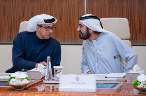 Sheikh Mohammed bin Rashid Al Maktoum and Sheikh Mansour during the Cabinet meeting at Qasr Al Watan in Abu Dhabi