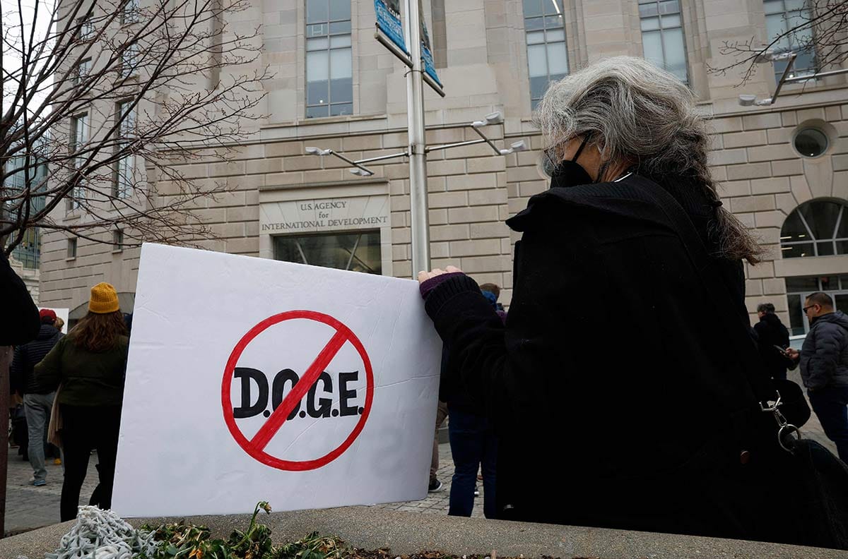 Employees and supporters protest outside of the US Agency for International Development (USAID) headquarters on February 03, 2025 in Washington, DC.