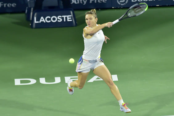 Simona Halep in action against Elena Rybakina in the women’s final at the Dubai Duty Free Tennis Championships on February 22, 2020.