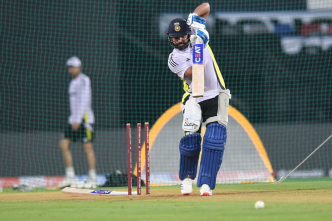 Indias captain Rohit Sharma bats during a practice session at Vidarbha Cricket Association Stadium in Nagpur on Wednesday.