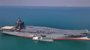 The first Iranian drone carrier, called the Martyr Bahman Bagheri, during an unveiling ceremony in the Gulf off the coast of southern Iran.  