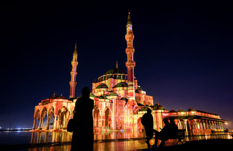 Sharjah Grand Mosque during the Sharjah Light Festival 2025. 