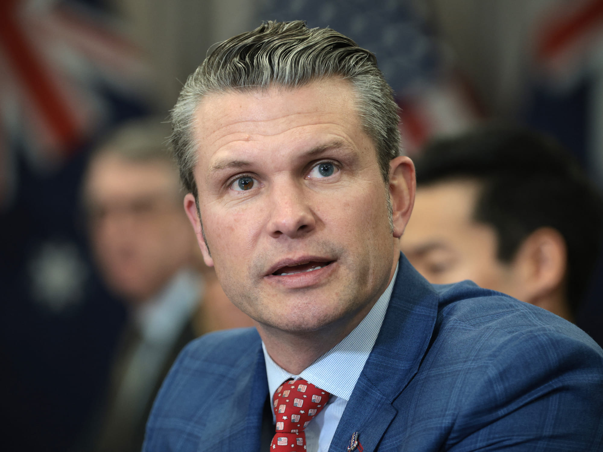 S. Secretary of Defense Pete Hegseth speaks to members of the press during a bilateral meeting with Australian Deputy Prime Minister and Defense Minister Richard Marles at the Pentagon on February 7, 2025 in Arlington, Virginia.